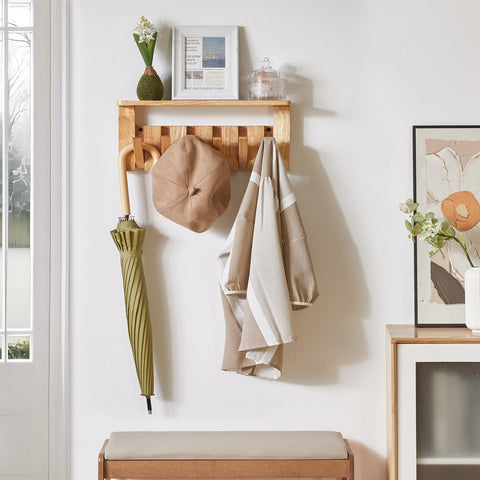 YMYNY Piano Key Coat Hooks Wall Mounted with Shelf, Natural, HWS008N