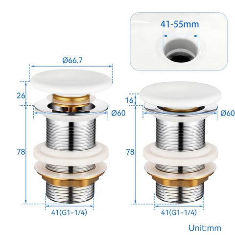 KULACO Drain Fitting Sink Without Overflow, Pop Up Valve Drain Valve Made of Brass, Ceramic Drain Fitting Washbasin White