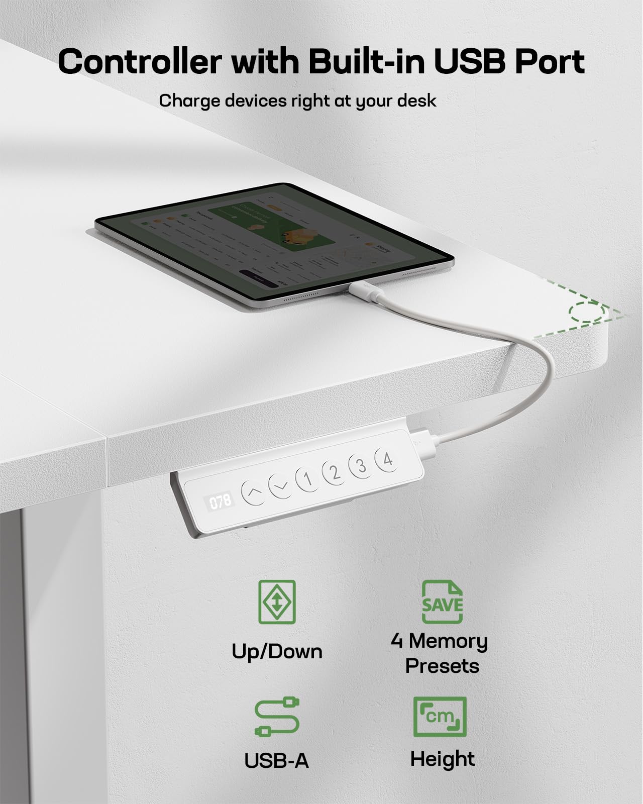 Marsail Electric Standing Desk with USB-A Charging Port, 160 x 80 cm Height Adjustable Sit Stand Desk with 4 Custom Height Settings, 80kg Max Load