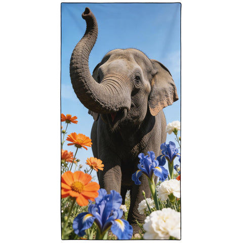 Violetpos Elephant in Irises & Cosmos Beach Towel, Extra Large 180x90 cm 250GSM Microfibre, Sand Free Quick Dry