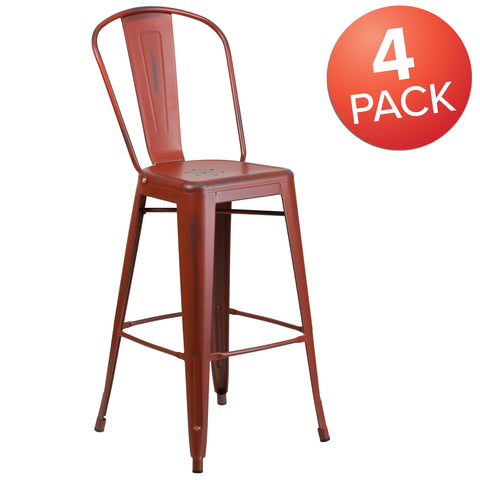 Flash Furniture Blake Commercial Grade 4 Pack 30" High Distressed Kelly Red Metal Indoor-Outdoor Barstool with Back