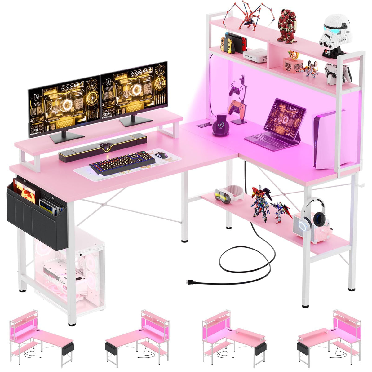iSunirm L Shaped Gaming Desk with Power Outlets & LED Lights, Small L- Shaped Computer Corner Desk with Monitor Stand & Storage Shelf