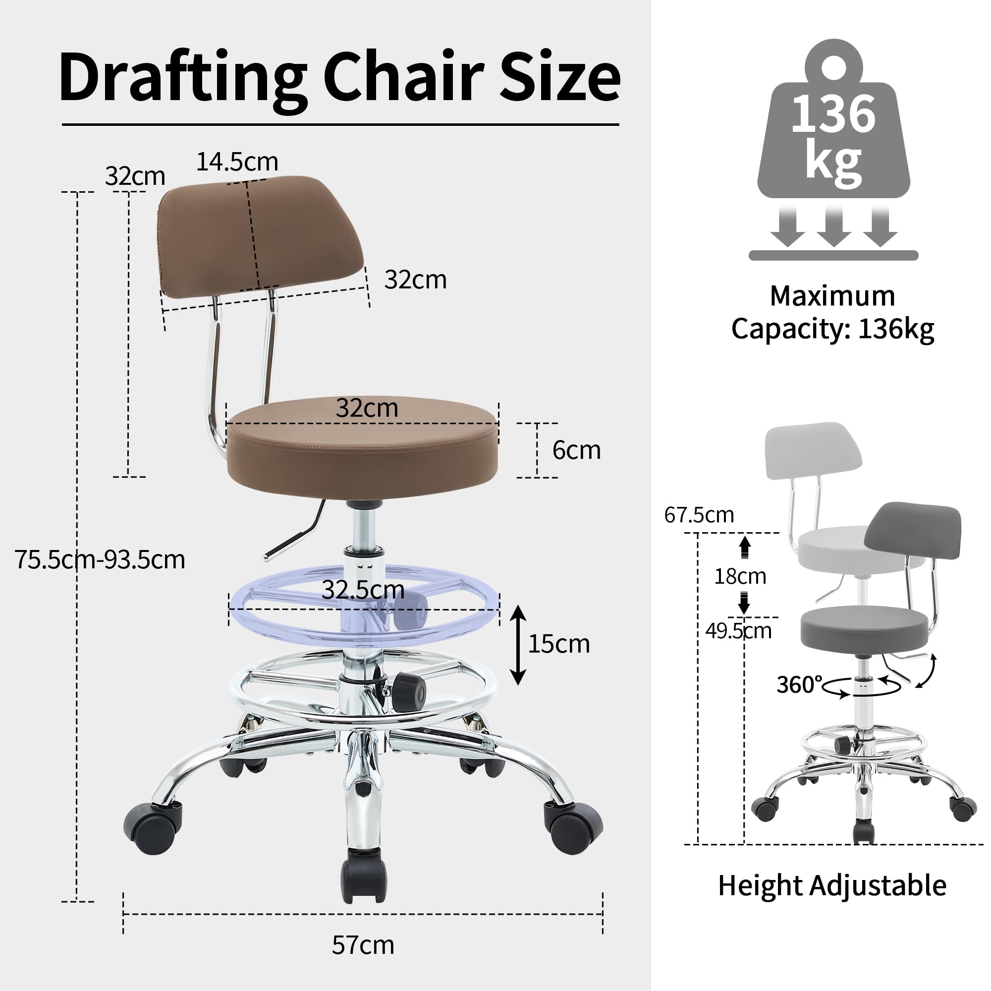 FIRAVOE Adjustable Rolling Office Stool with Backrest and Footrest, Massage Drafting Chair 49.5–67.6 cm Height