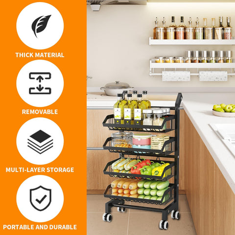 4-Tier Adjustable Vegetable Storage Rack, Removable Fruit Basket Cart