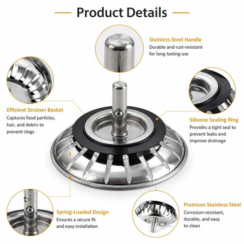 78mm Universal Stainless Steel Kitchen Sink Strainer and Stopper, 2 in 1 Anti Clog Rust Resistant Replacement Sink Plug for Kitchen Bathroom Laundry