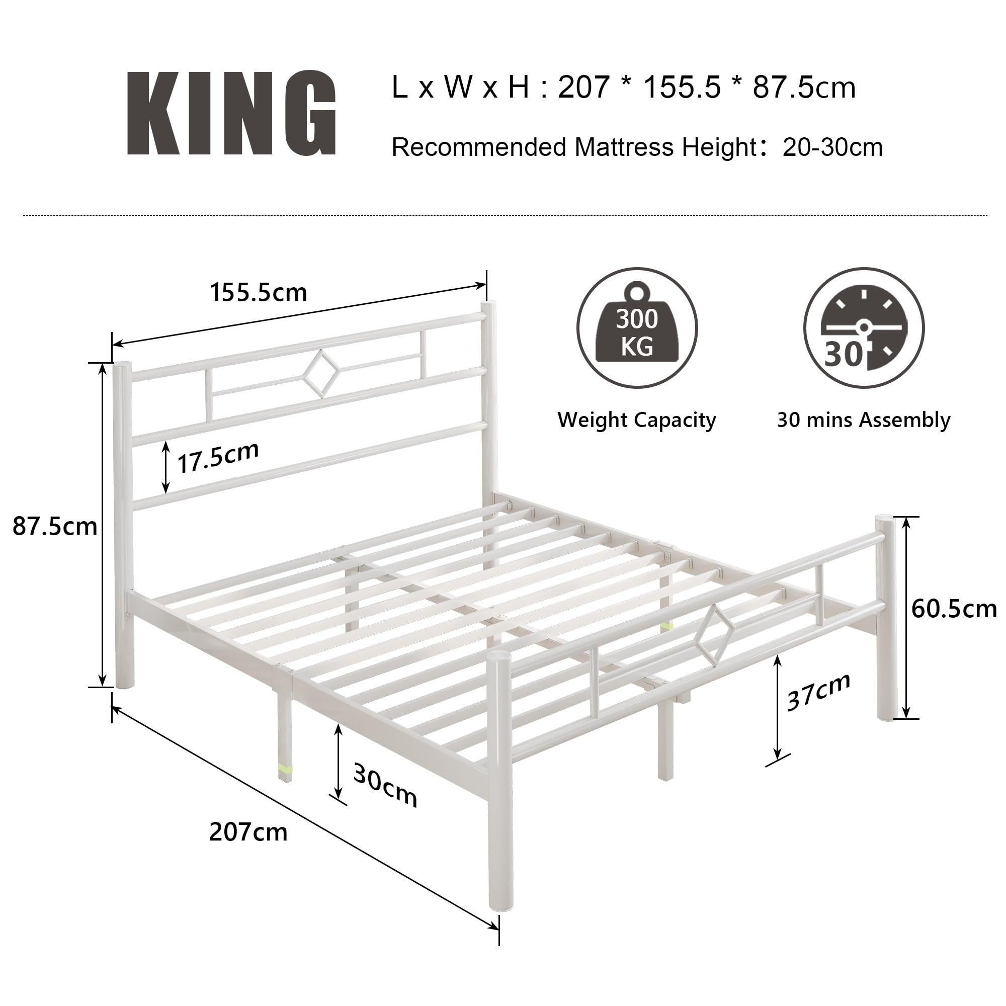 Feonase King Size Bed Frame with Headboard and Footboard, Metal Platform Kingsize Bed Frame with Underbed Storage, Solid Metal Slats Support