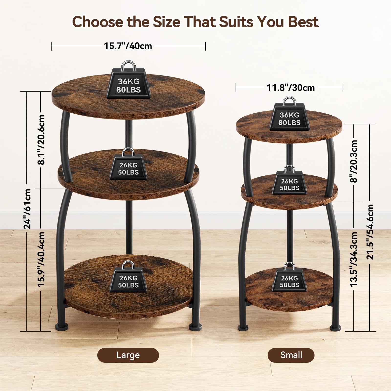 Yuede 3 Tier Side Table, Round Coffee Table, End Table with Storage Shelf, Bedside Table, for Living Room, Bedroom, Metal Frame, 40 x 61cm, Brown