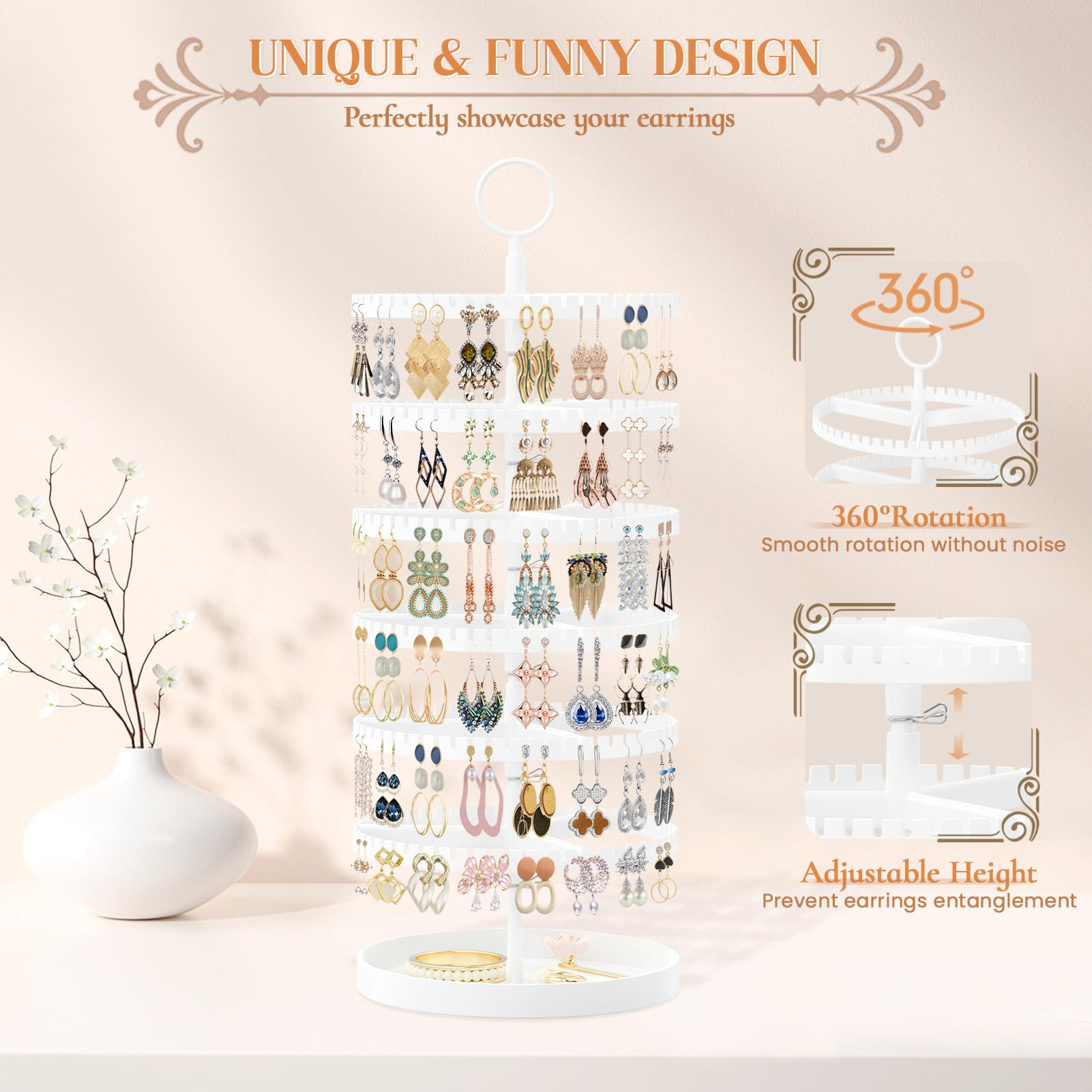 iDavosic.ly 6 Tier Rotating Earring Holder Organizer with Metal Tray, White