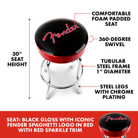 Fender Red Sparkle Logo Barstool, Padded Swivel Guitar Stool, 30 In