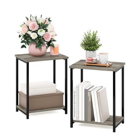 Furinno SIMPLISTIC Side Table Set of 2, 2-Tier Metal Frame End Table with Open Shelf, Night Stand, Bedside Table, for Living Room, Bedroom, French Oak