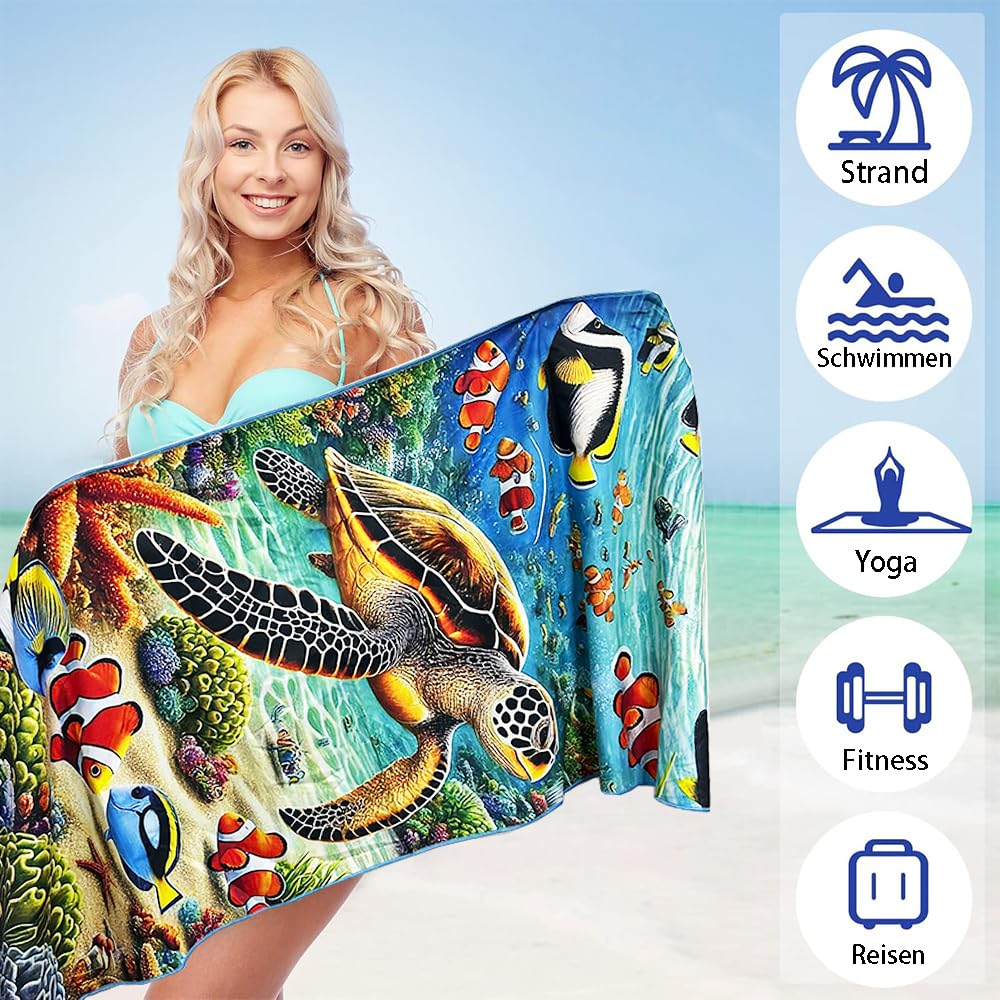 JAODFK Microfibre Beach Towel 71"X32" Quick Dry Lightweight Sand Free Extra Large Thin Towels Sea Animals Travel Essentials For Adults Womens Swim