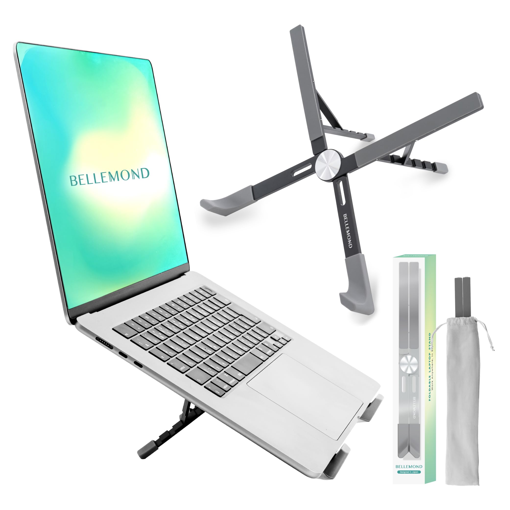 BELLEMOND Adjustable Laptop Stand | Foldable Aluminum Riser | X-Frame Ergonomic Japanese Design | Fits MacBook Pro/Air, Dell