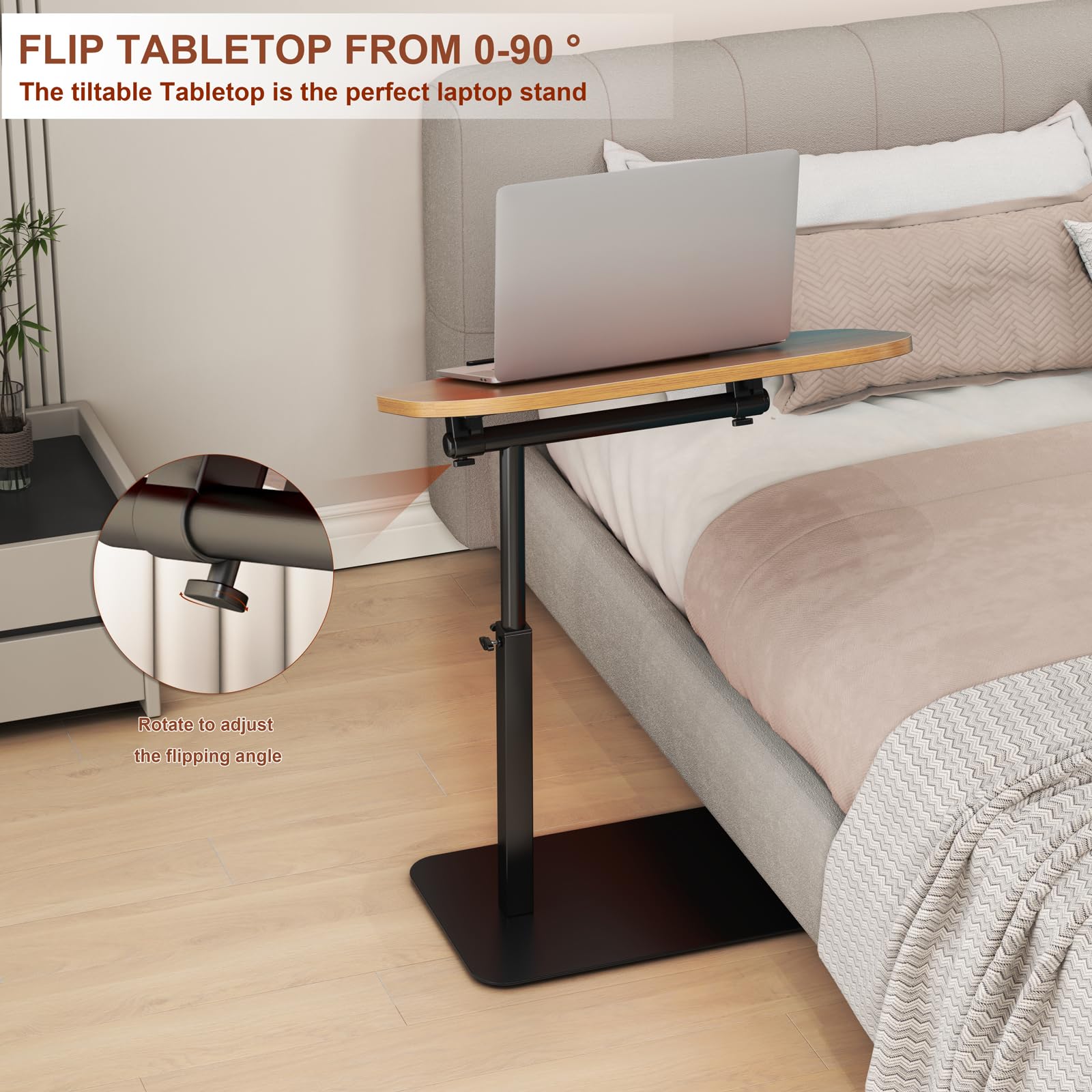 YUTVCZO Solid Wood C Shaped Side Table Adjustable Height,360°Swivel Side Table for Sofa and Bed