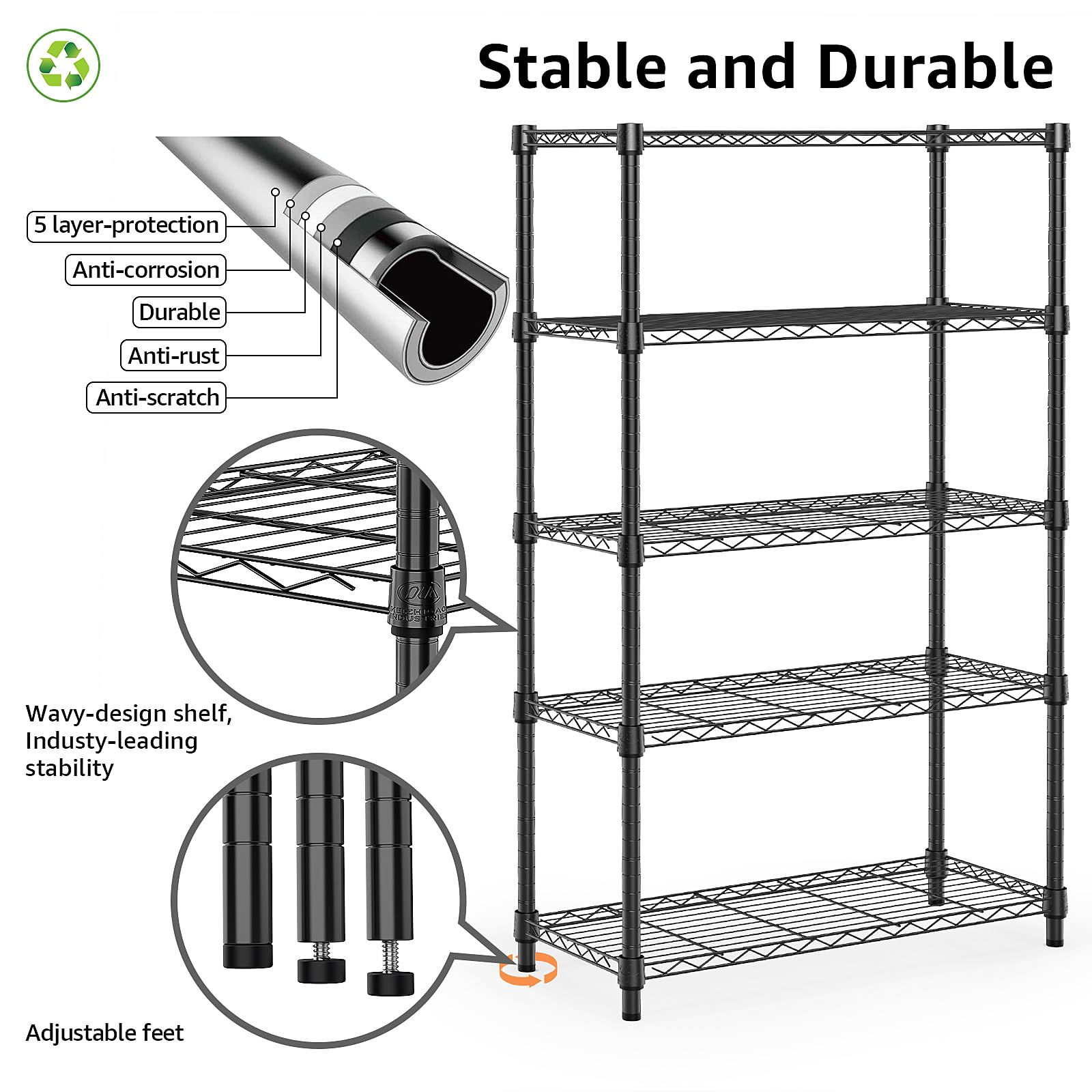 M MZG Height Adjustable Shelves,Heavy Duty Wire Pantry Shelving for Tool Sheds, Garage, and Storehouse,Metal,Black,5 tier, 35 x 60 x 158.7 cm