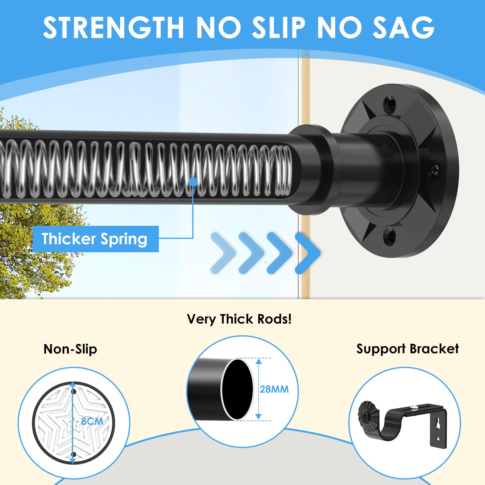 Black Shower Curtain Pole 78-283 cm, Extendable Tension Rod 28mm