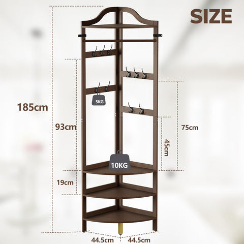 AMBIRD Bamboo Corner Coat Rack with Bench, 4-Tier Shoe Storage with 10 Hooks & Clothes Rod, Freestanding Hall Tree Unit for Entryway, Hall, Bedroom
