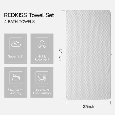 REDKISS Blue Microfibre Bath Towels Set of 4 - Large Waffle Towel Set for Bathroom, Ultra Soft Microfiber Towel Sets
