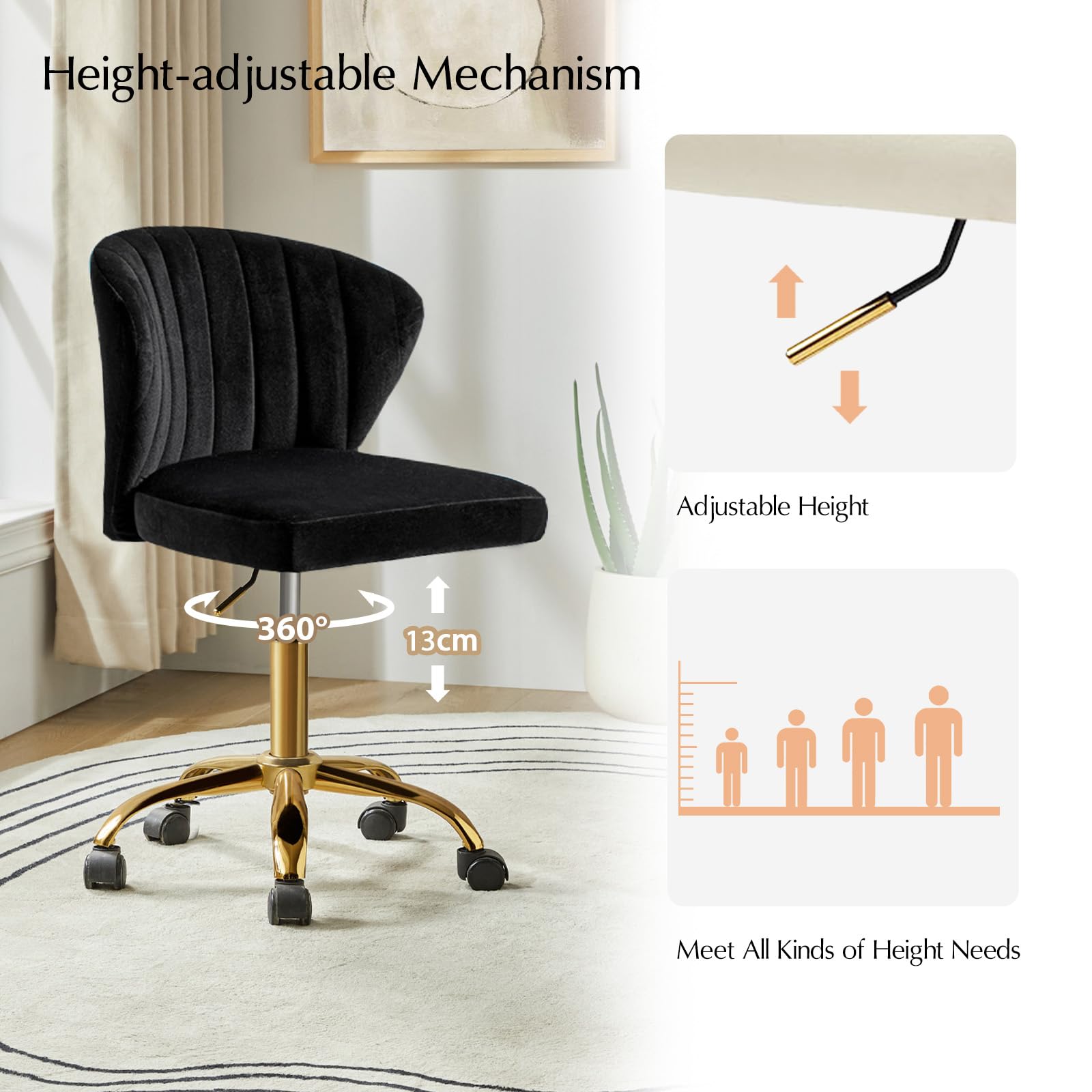 HULALA HOME Height Adjustable Swivel Desk Chair with Gold Base, Black