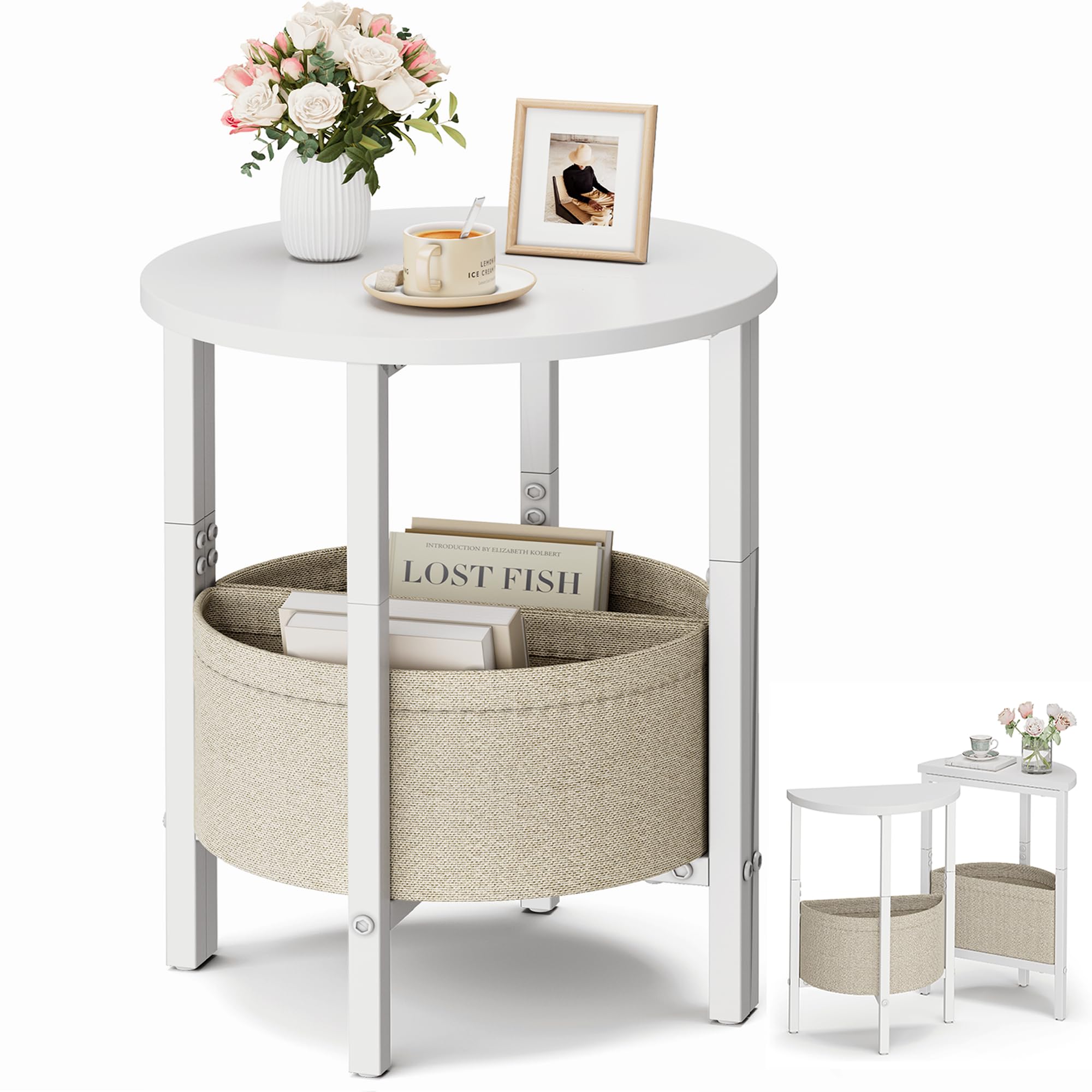 Vagusicc Side Table, Round End Table with Fabric Basket, Small Coffee Table, Set of 2 Half Moon Entry Table, Accent Table Bedside Table