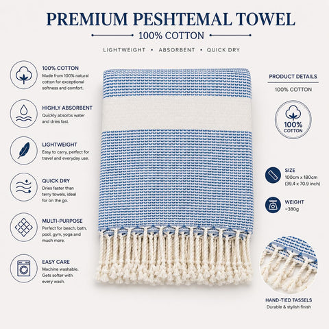 Babila Turkish Hammam Peshtemal Towel | Lightweight & Quick-Drying & Absorbent | Turkish Travel, Spa & Beach Towel | Soft, Compact & Versatile | Blue