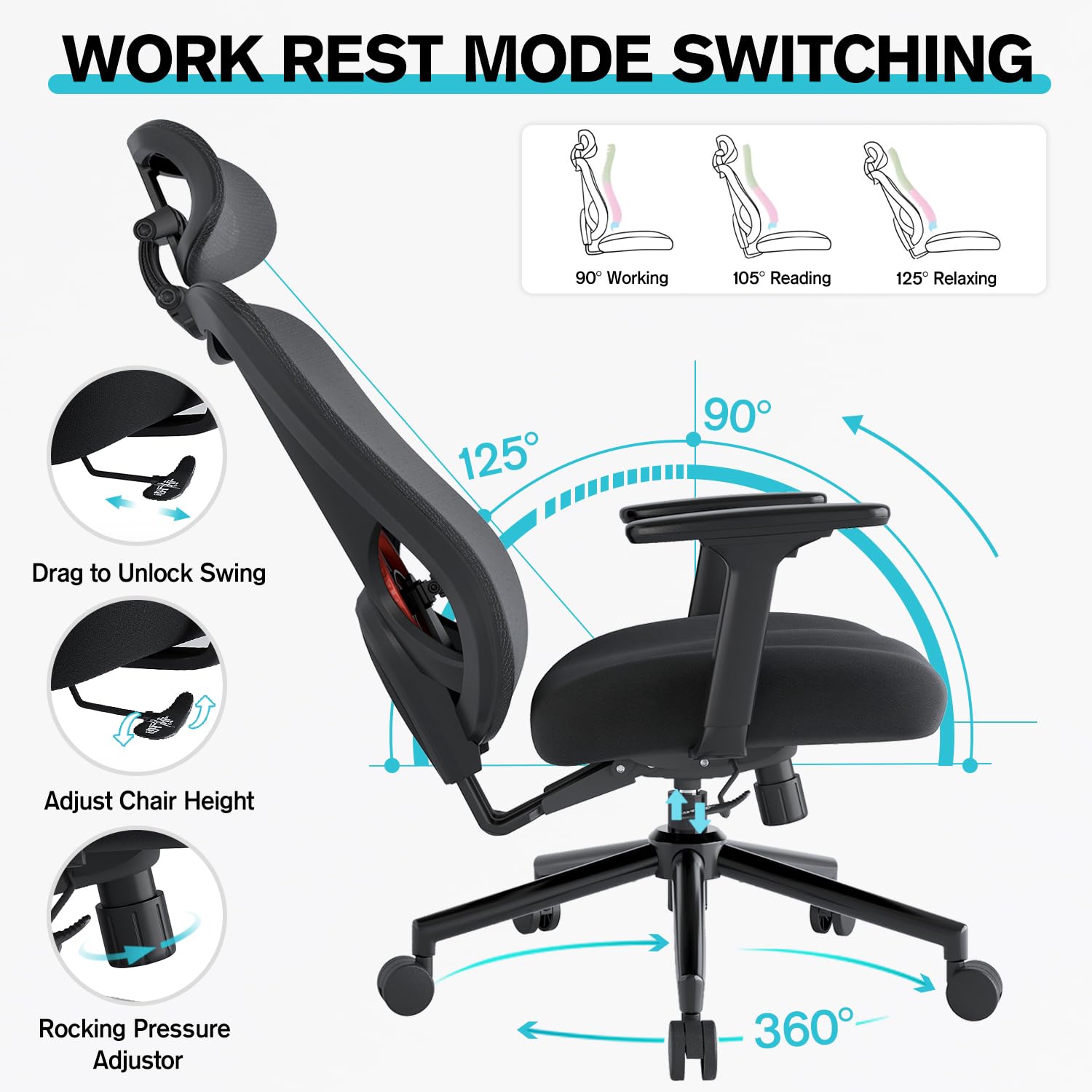 Eucladoceros Ergonomic Office Chair - Lift Up Mesh Backrest, 330lbs, Black