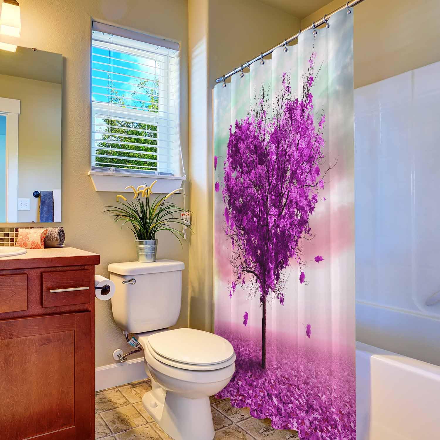 Woutay Shower Curtain Water Repellant Fabric Purple Heart Tree,Mould Proof Resistant,Polyester,with 12 Plastic Hooks