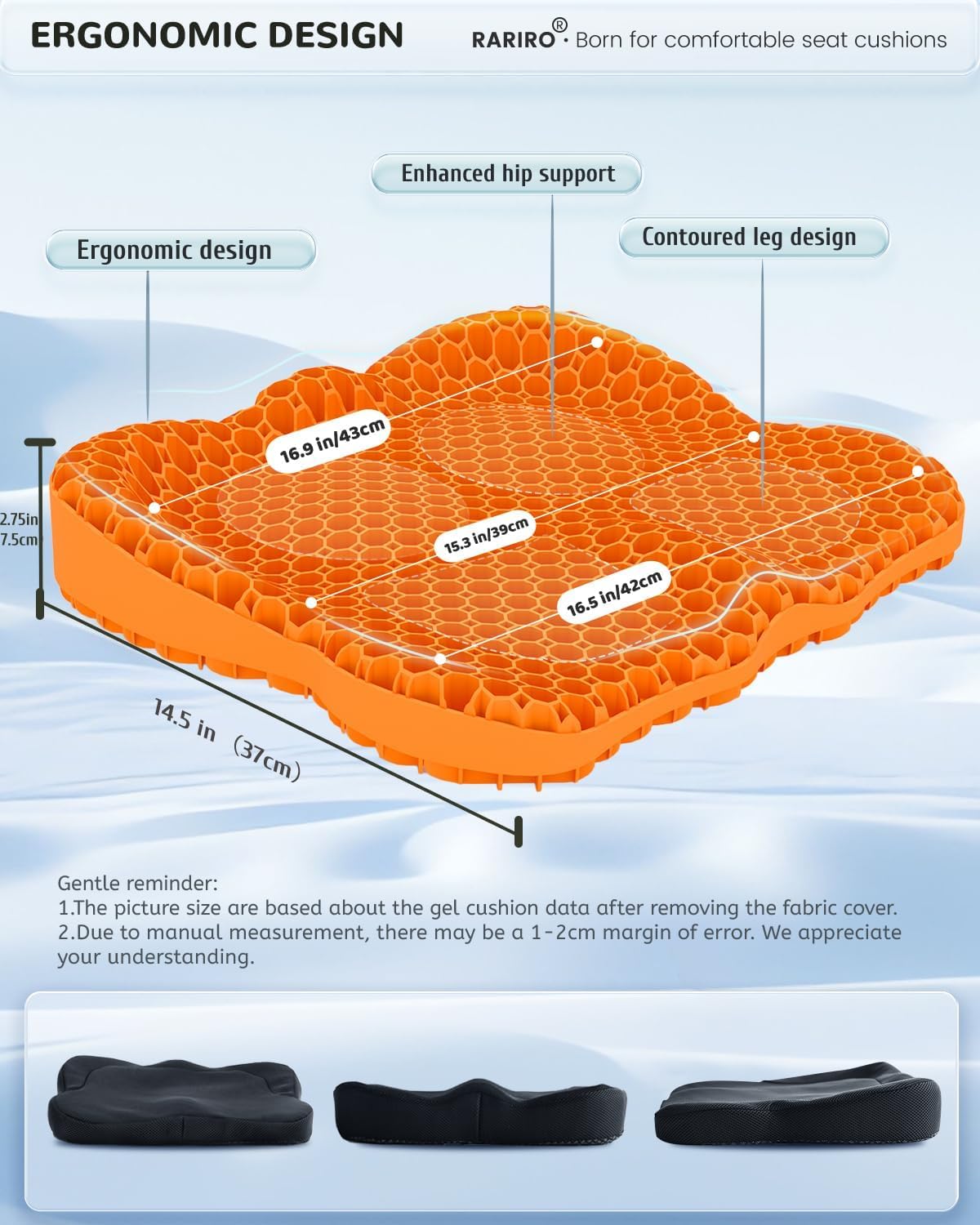 Extra19.7" Honeycomb Gel Seat Cushion, Pressure Relief for Long Sitting