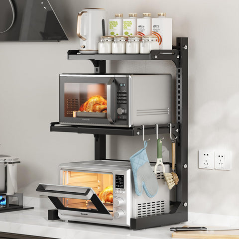 ABCOOL Retractable Adjustable 2 Axial Kitchen Baker Microwave Oven Rack, 2 Tier Expandable and Height Adjustable Carbon Steel Shelf Counter