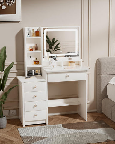 ZenkiHome Dressing Table with LED Mirror and Adjustable Lights, 90cm White Vanity Desk