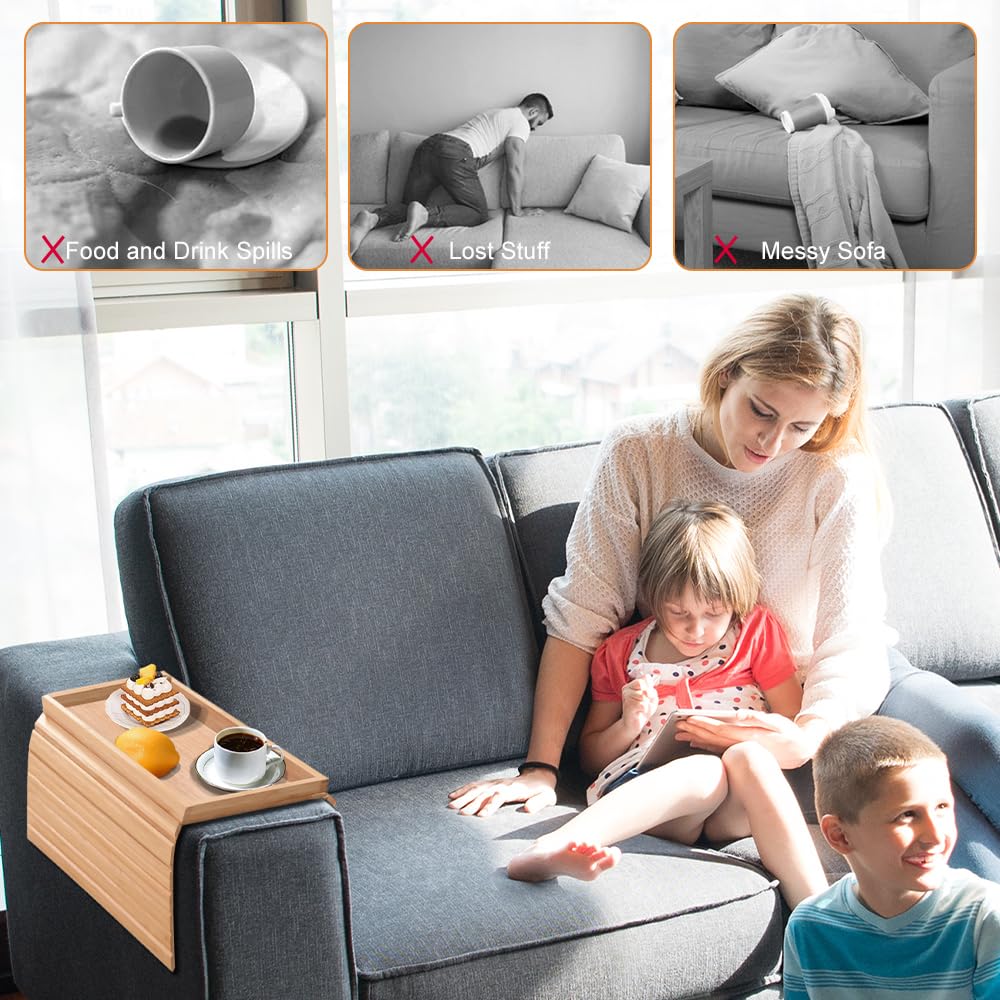 Lighterday Sofa Arm Tray,Foldable Bamboo Table Couch ArmchairTray,Anti-Slip Sofa Side Table Armchair Tray for Snacks Phone Drinks Cup