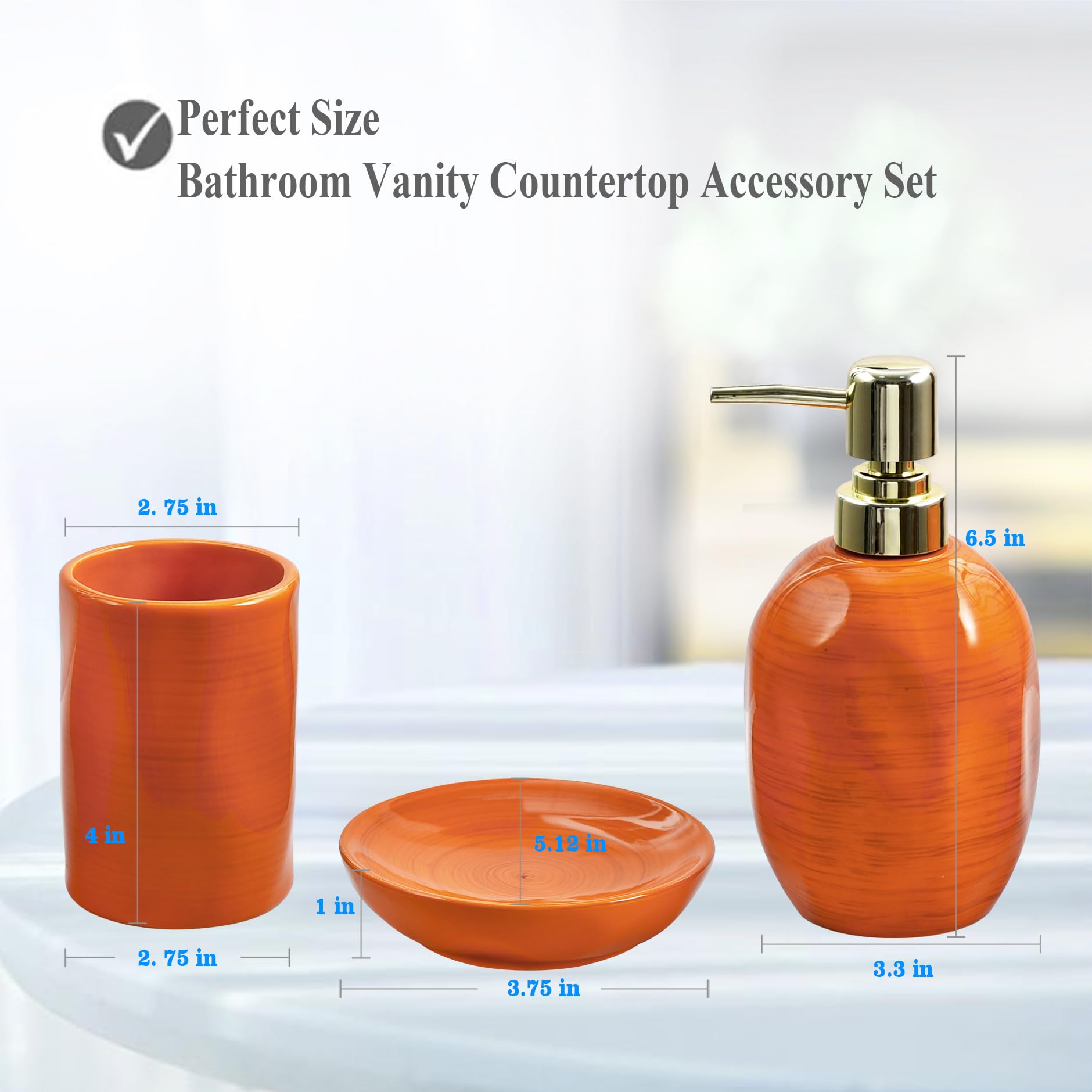 Burnt Orange Bathroom Accessories Set, 3PC Ceramic Bathroom Sets Complete, Toothbrush Holders, Soap Dispenser, Soap Dish, Autumn Bathroom Decor