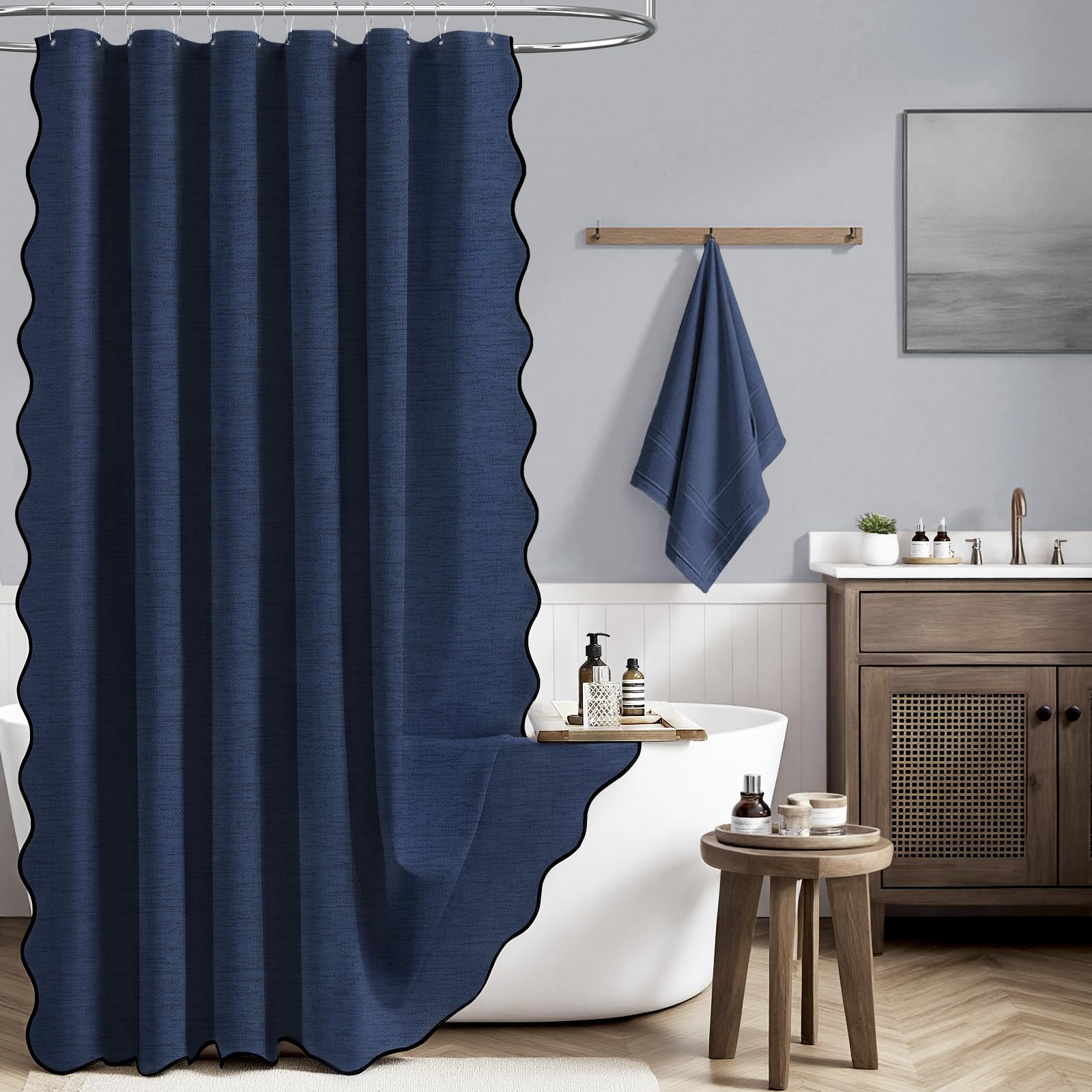 BTTN Scalloped Linen Look Shower Curtain, Waterproof, 184x184cm, Navy Blue