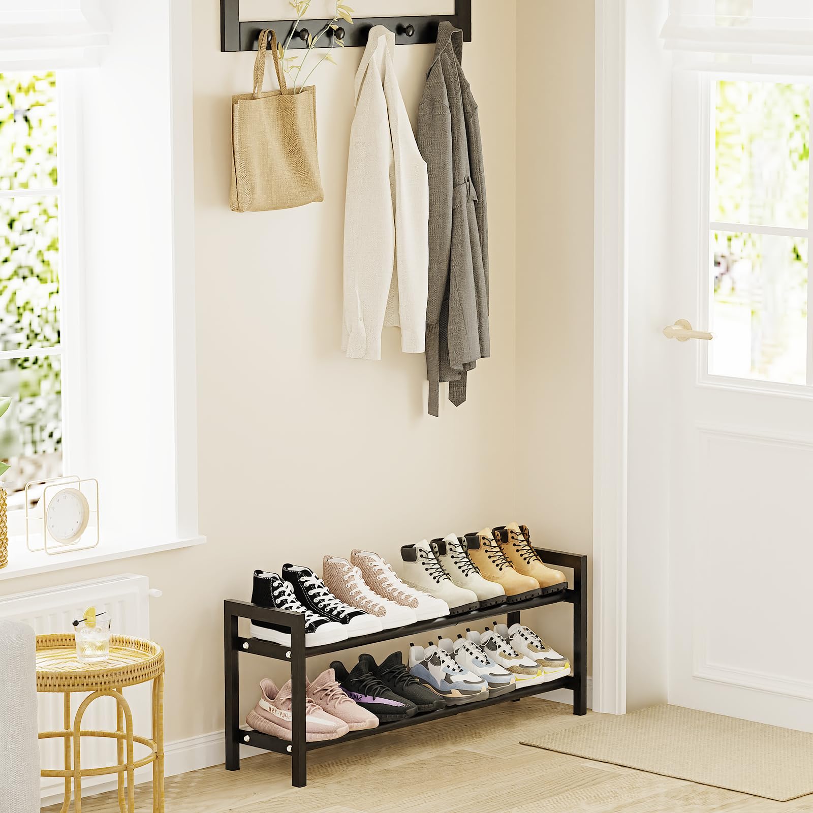 2 Tier Expandable Shoe Rack, Adjustable Metal Shoe Storage Organizer