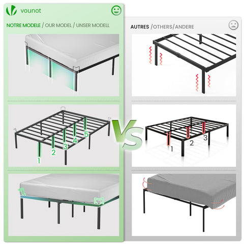 VOUNOT King Size Bed Frame 150 x 200 cm - Sturdy Metal Bed Frame with Steel Slat Support - 36cm Height Storage Space Under the Bed - Black