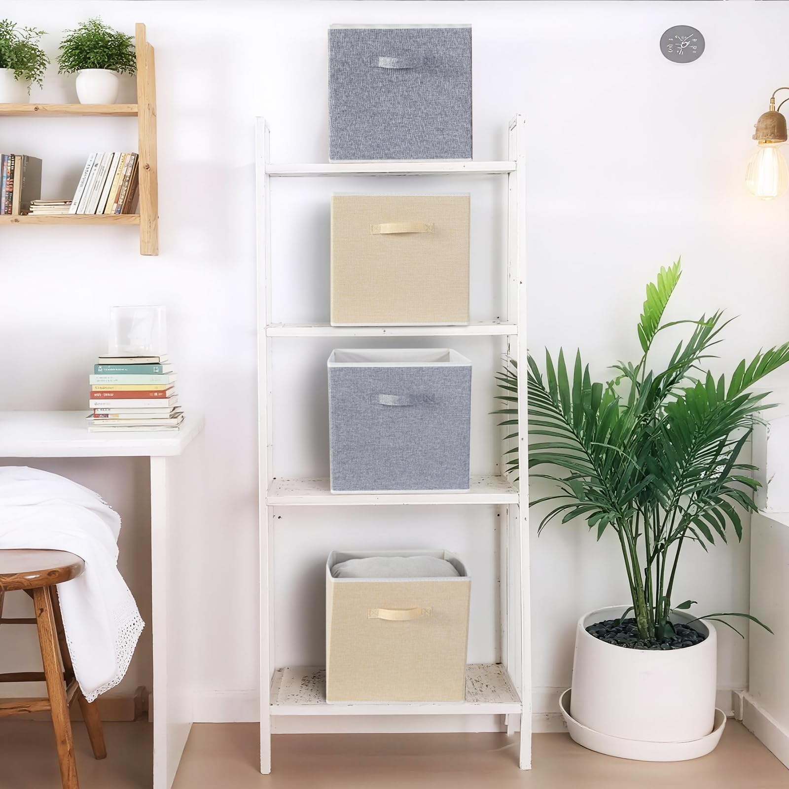BrilliantJo Storage Box for cube, Set of 4 Organiser Basket Bin Drawers Containers with Handles for Storage Cube Unit, 33L x 38W x 33H cm Grey+Apricot