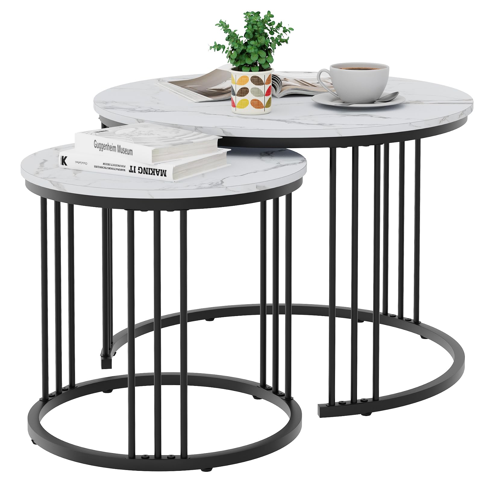Round Coffee Tables, Set of 2 End Table, Nesting Tables, Side Table with Metal Frame for Living Room/Bedroom/Balcony/Office/Apartment