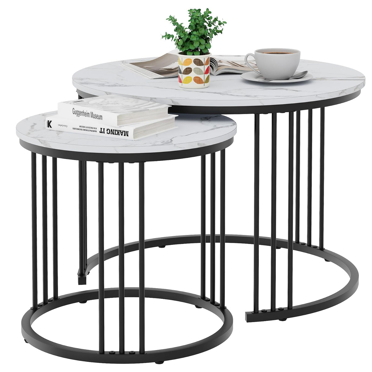 Round Coffee Tables, Set of 2 End Table, Nesting Tables, Side Table with Metal Frame for Living Room/Bedroom/Balcony/Office/Apartment