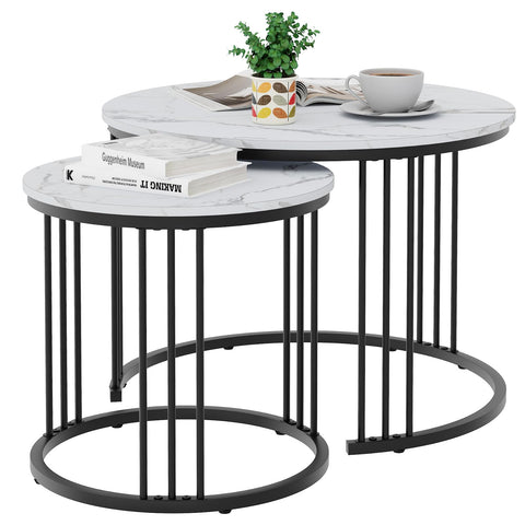 Round Coffee Tables, Set of 2 End Table, Nesting Tables, Side Table with Metal Frame for Living Room/Bedroom/Balcony/Office/Apartment