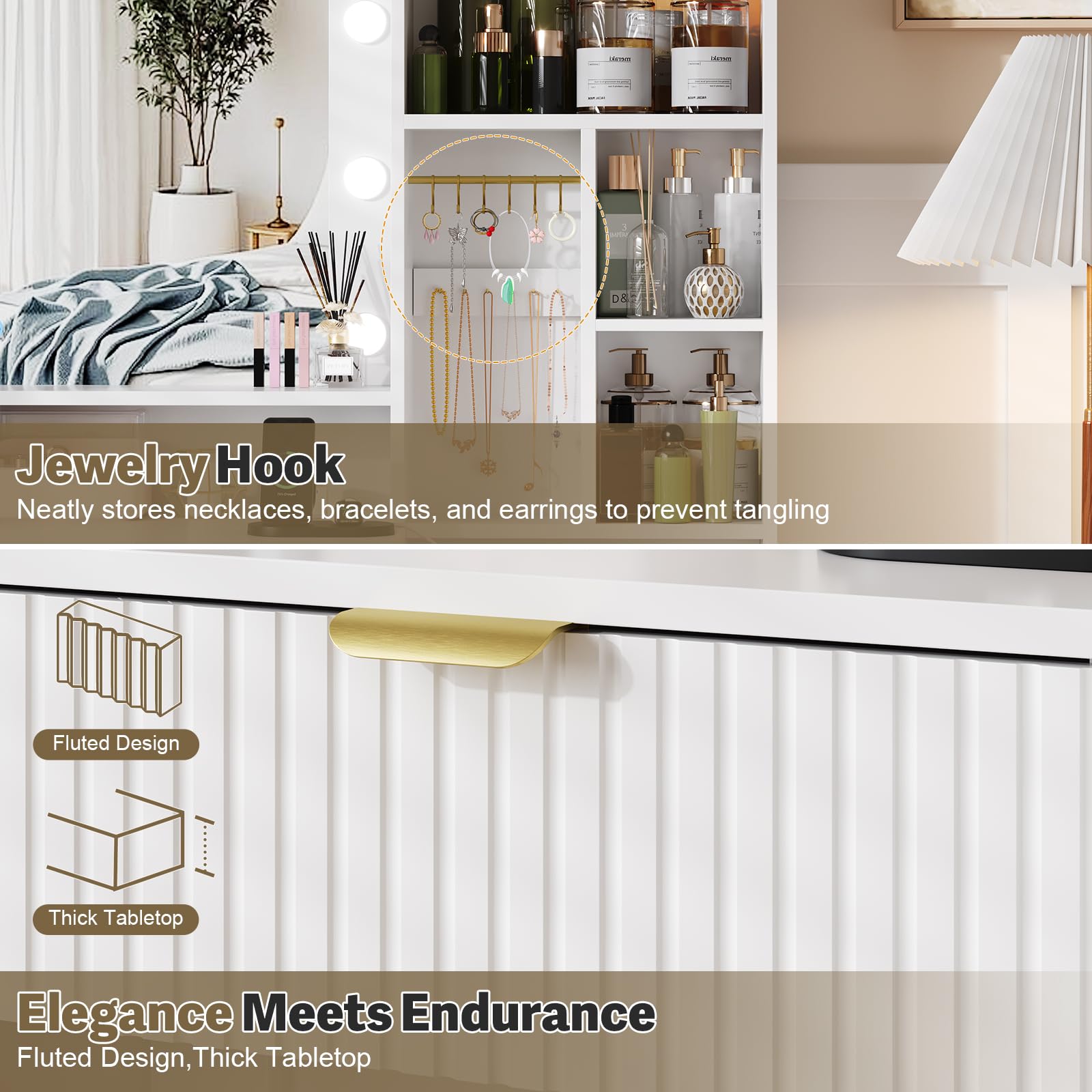 JUMMICO Dressing Table with LED Lights,Vanity Desk with Mirror and 5 Drawers,Modern Makeup Desk with Jewellery Hooks and Power Outlet for Bedroom