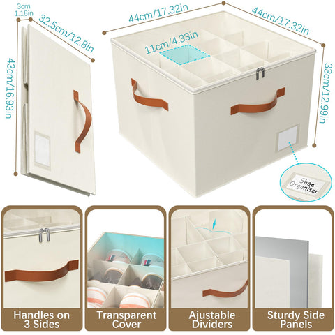 Storivo Shoe Storage Organiser Box 16 Pairs, Clear Lid, Adjustable Dividers