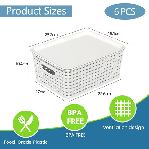 Ziglous 6-Pack Plastic Storage Baskets with Lids, Small Weave Basket Box