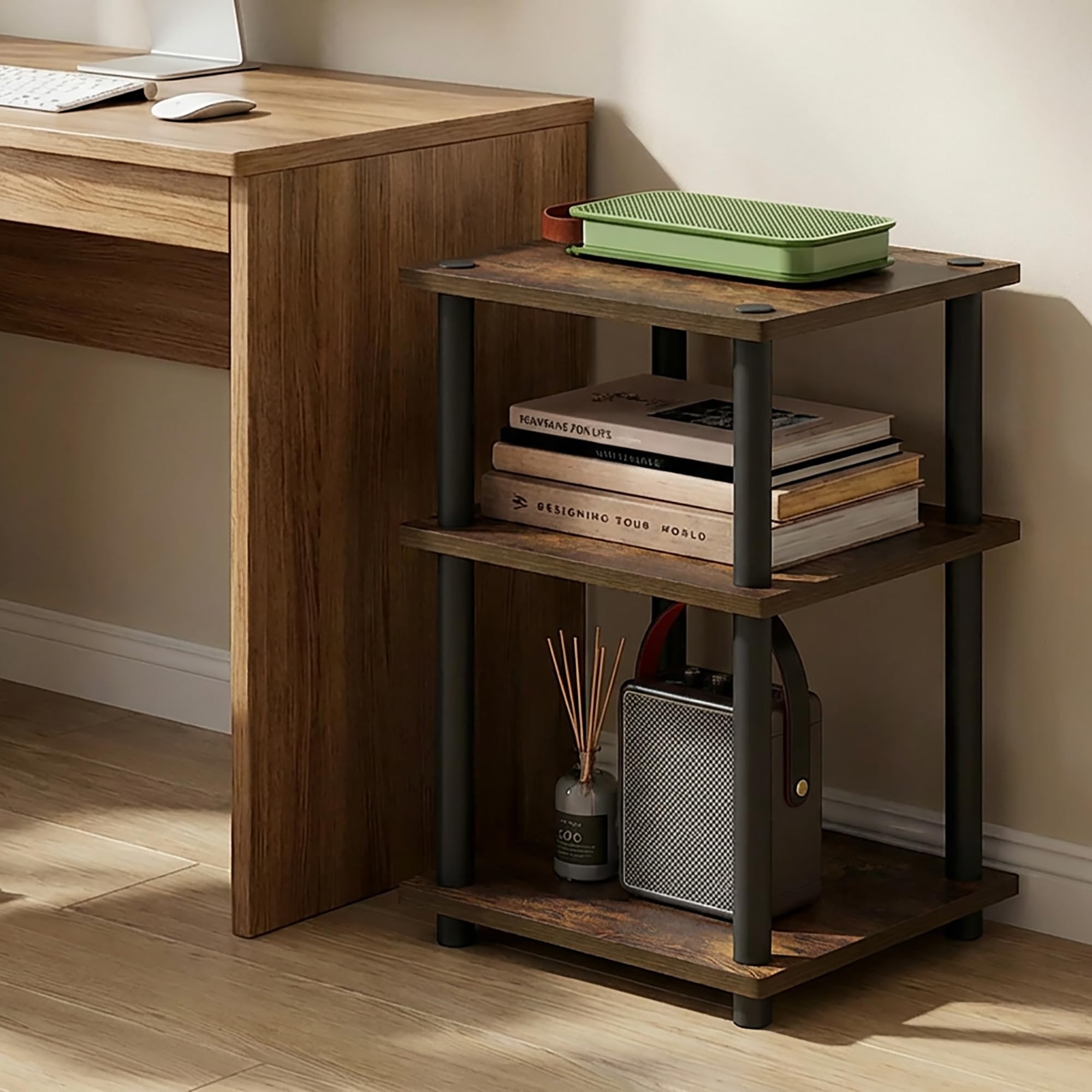 Furinno TURN-N-TUBE Side Table, 3-Tier Square Modern End Table, Toolless Open Shelves Nightstand, Night Stand, Bedside Table, Easy Assembly