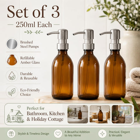 AVALON 250ml Amber Glass Soap Dispenser Bottles with On Trend Metallic Pump - Empty Refillable Containers for Liquid Soaps, Lotions, and More