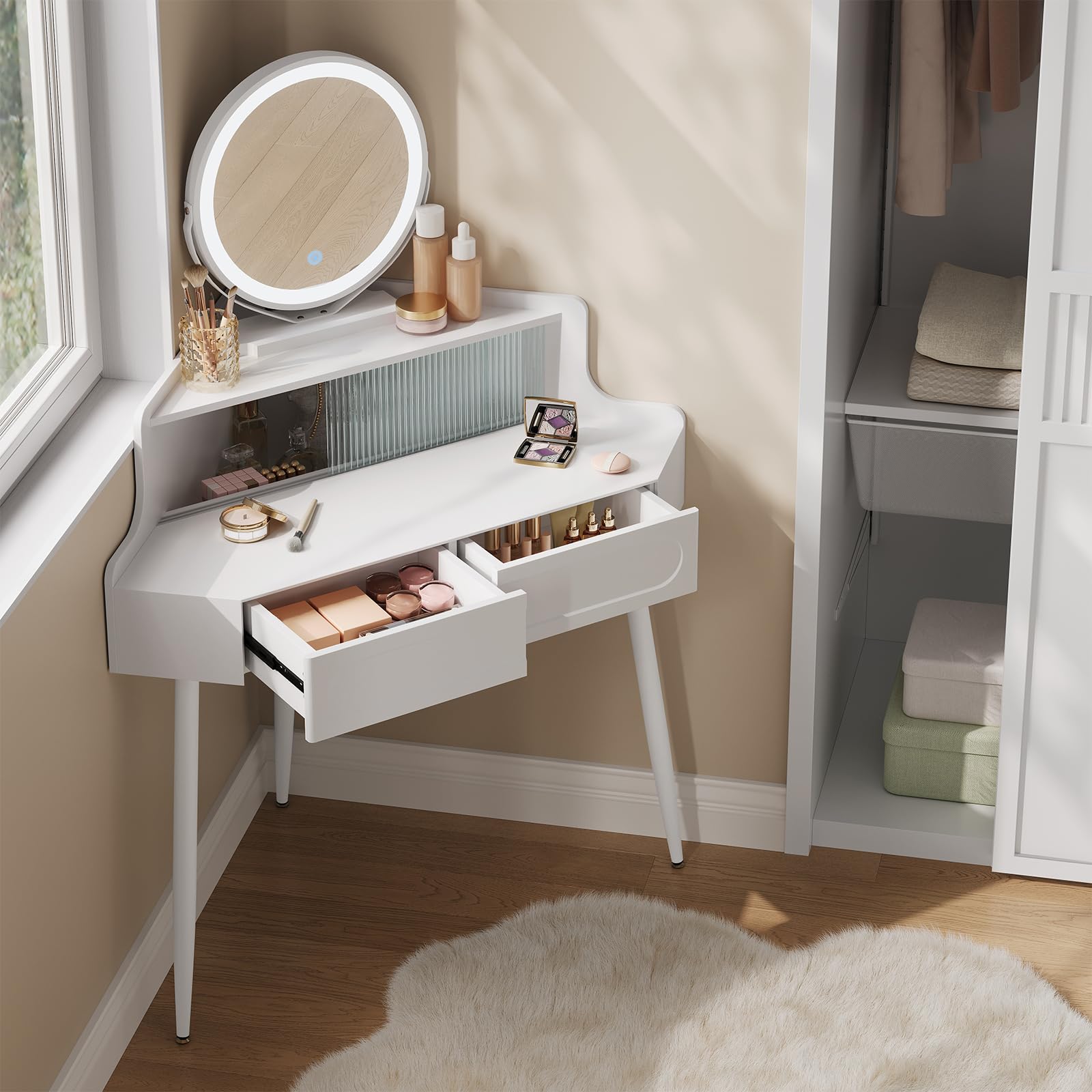 WOLTU Dressing Table with Mirror, Corner Vanity Desk, Bedroom Dressing Table with 2 Drawers 1 Closed Compartment, White Mirrored Desk