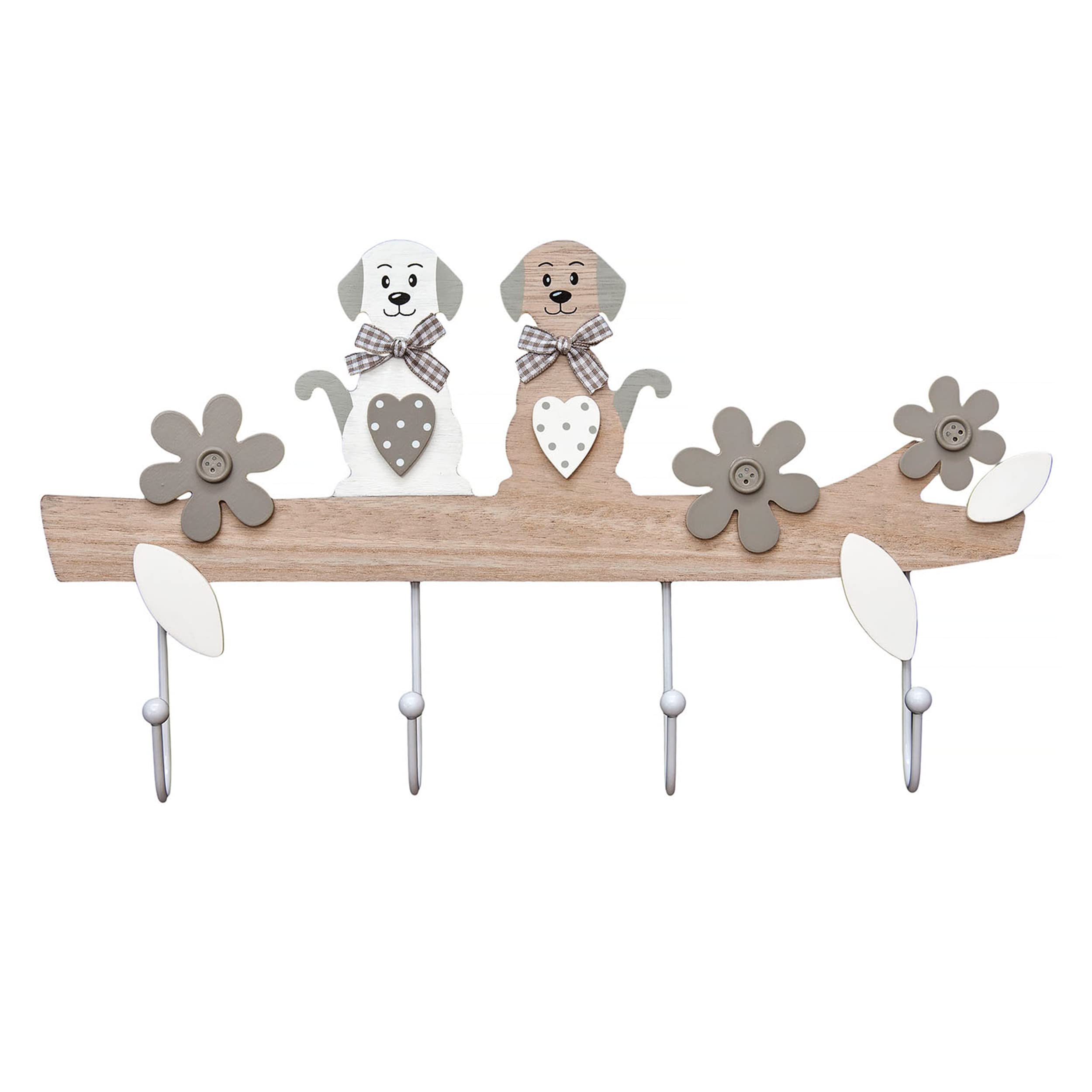 SPOTTED DOG GIFT COMPANY Coat Hooks Wall Mounted Coat Rack, Cute Decorative Wooden 4 Hook Wall Hanger for Clothes Keys Leads