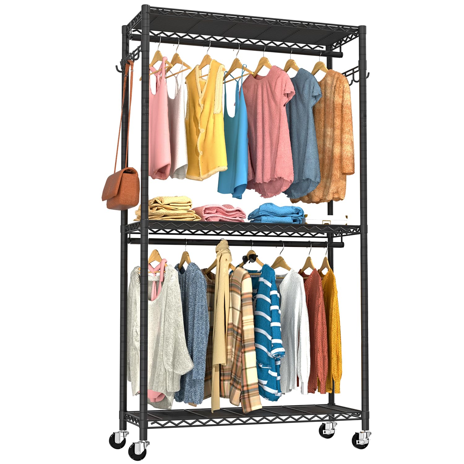 VyGrow Clothes Rail, Clothes Rack for Hanging Clothes, 3 Tiers Adjustable Garment Rack with Wheels, Double Rods, Side Hooks, Heavy Duty, Black