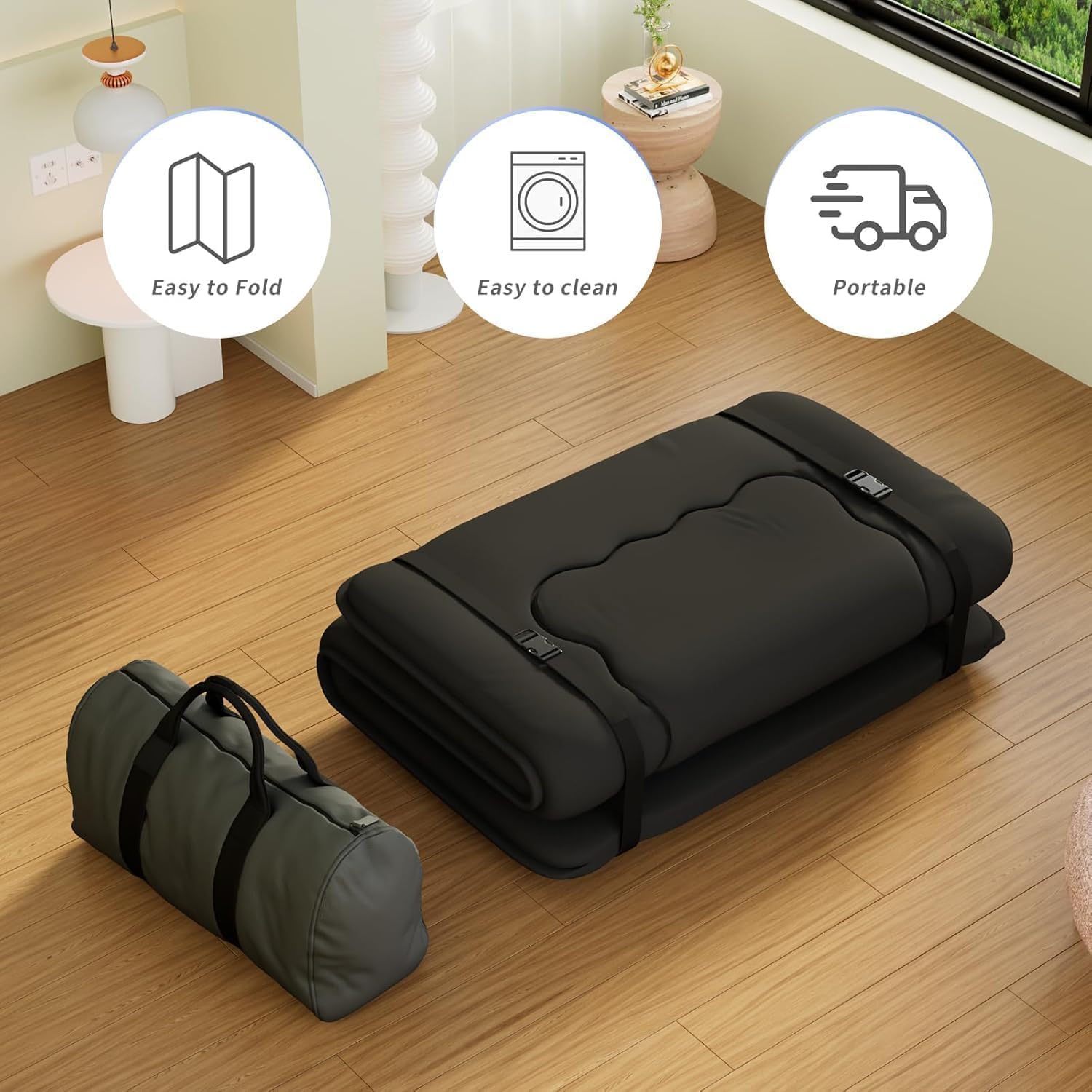 Kiseely Japanese Futon Mattress, Foldable Tatami Mat Portable Dormitory Sleeping Pad With Bag & Strap