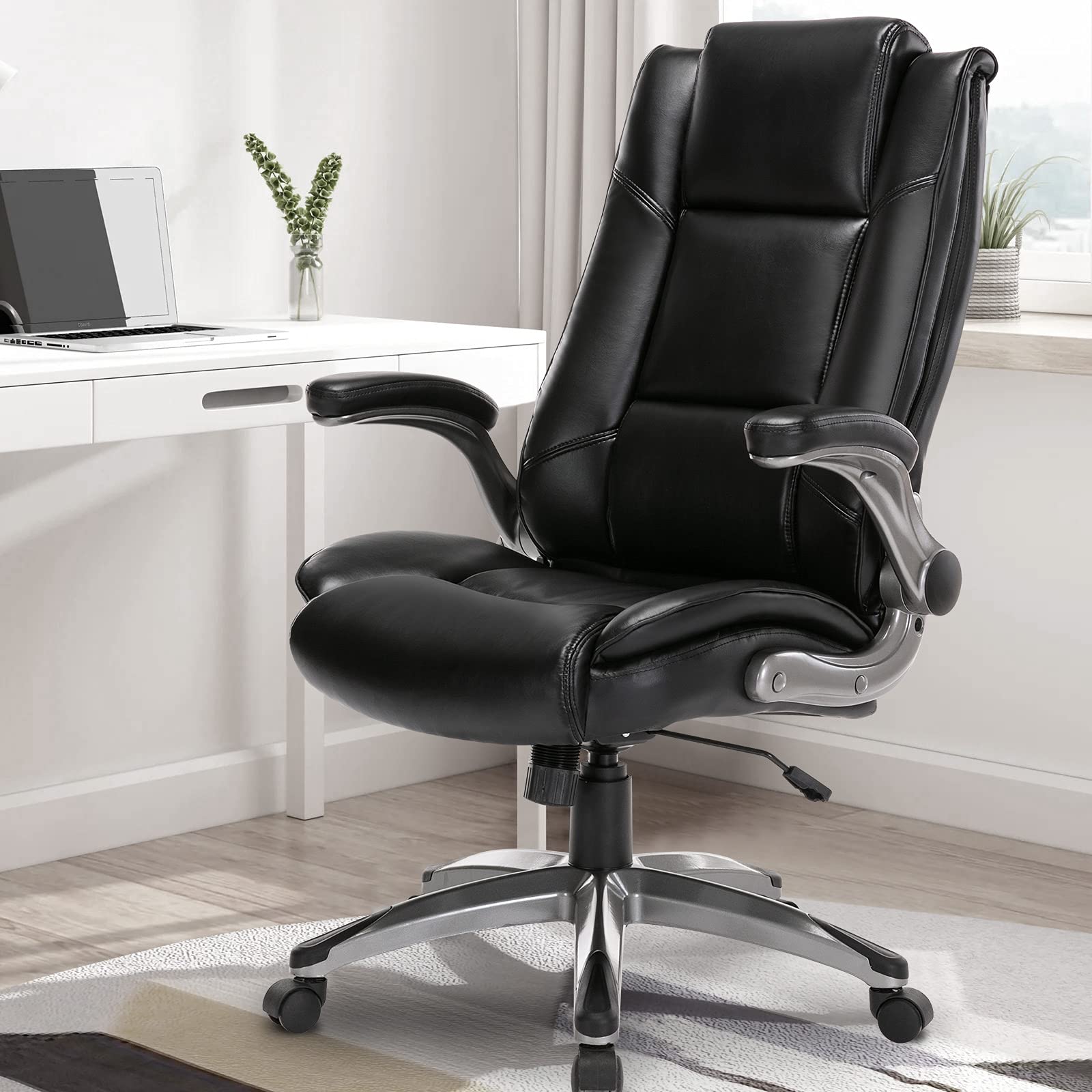 COLAMY Leather Executive Office Chair - High Back Home Computer Desk Chair with Padded Flip-up Arms, Adjustable Tilt Lock