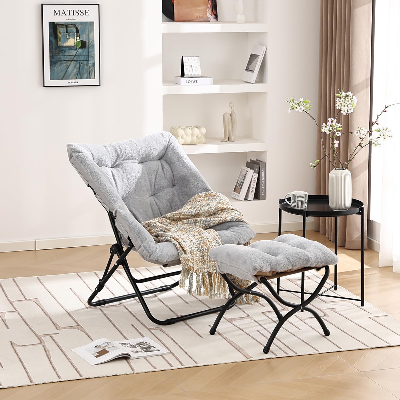 SESHINELL Comfy Saucer Chair with Ottoman, Oversized Foldable Faux Fur Lounge Accent Readin Chair Set with Metal Frame Moon for Bedroom, Living Room
