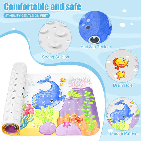 Baby Bath Mat Non Slip Anti Mould, 100 x 40cm Extra Long Bath Shower Tub Mat with Suction Cups and Drain Holes, Cartoon Patterned Kids Shower Mats